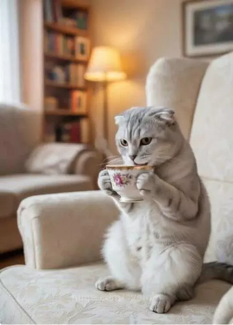 The cat is pleased with himself, sipping tea. by svololo