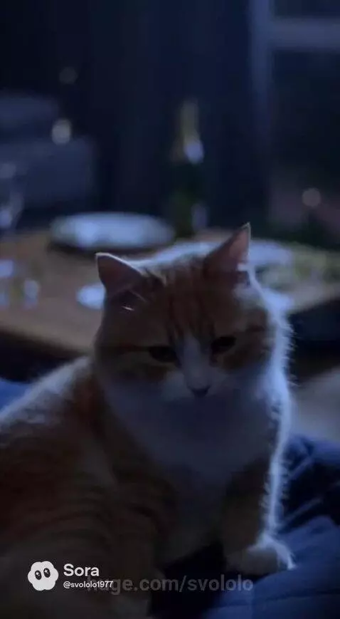 An orange and white cat sits by a window, looking out at night sky with visible fireworks.
