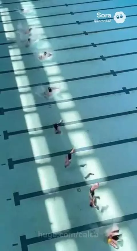 Swimmers performing synchronized belly flops into a swimming pool, creating large splashes.