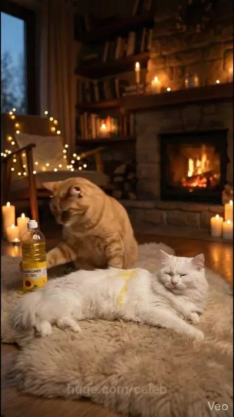 An orange cat massages a white cat with oil by a fireplace, with candles and string lights creating a warm ambiance.