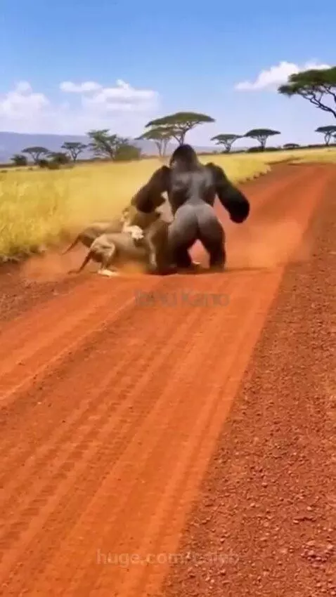 Animated gorilla fighting two lions on a dirt road in a savanna with acacia trees and mountains in the background.