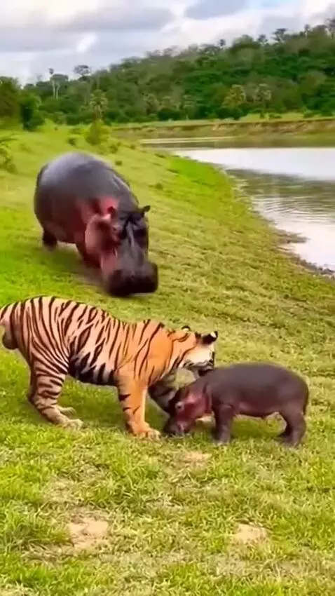 An adult hippo aggressively attacks a tiger near a grassy bank and water, defending a baby hippo.