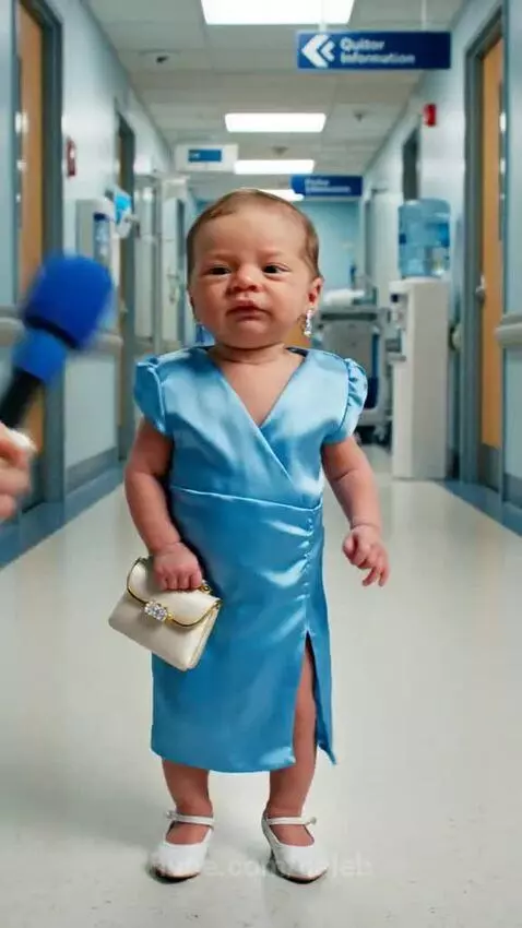 Baby in satin dress, heels, and earrings walks down hospital hallway holding purse, ready to invest in milk futures.