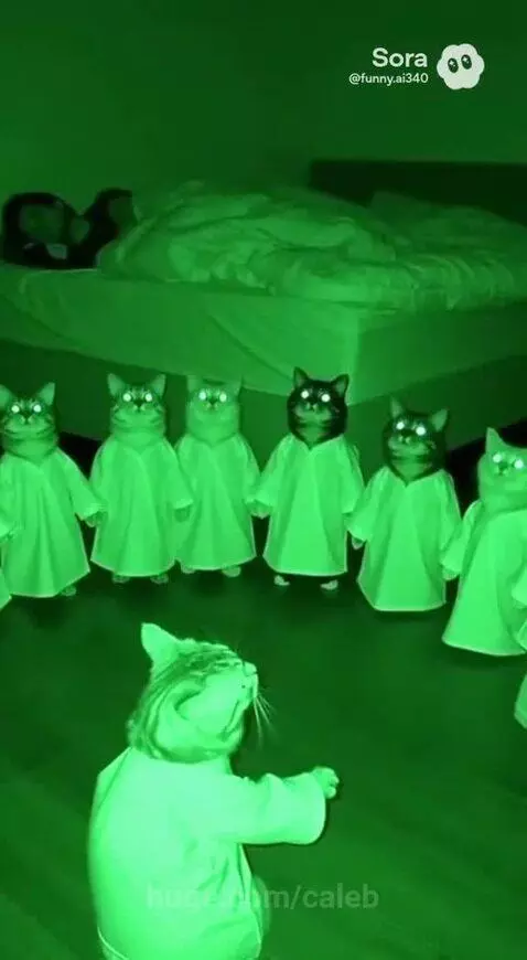 Cats in white robes gathered in a circle at night, appearing to sing, while a person sleeps in the background.