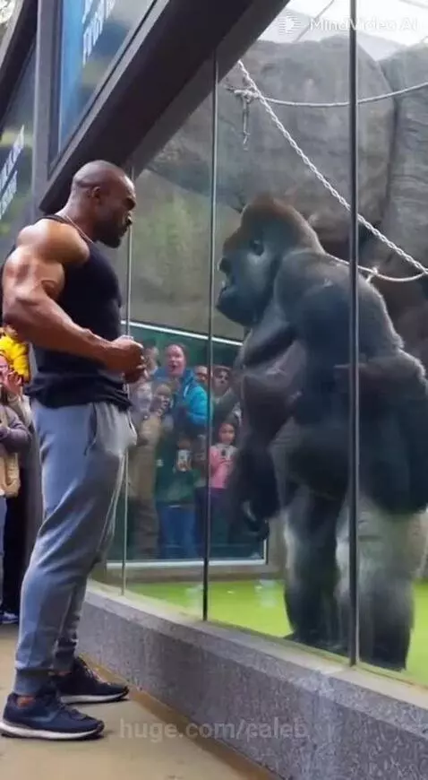 Muscular man flexes biceps near glass enclosure as a silverback gorilla mirrors his pose.