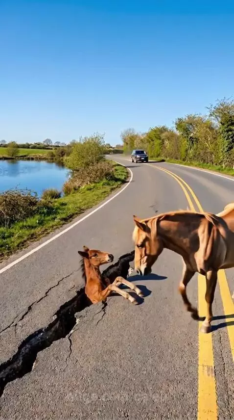 A woman gently lifts a small foal out of a crack in the asphalt next to a pond, with its mother watching anxiously.