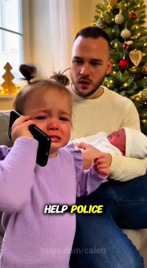 Young girl with pigtails crying, holding phone, calling police on dad who is smiling with new baby.
