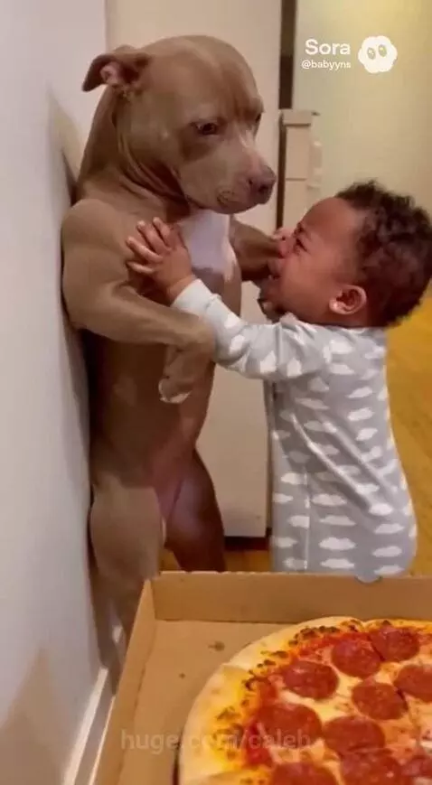 Baby crying and pushing a large dog away from a pizza box.