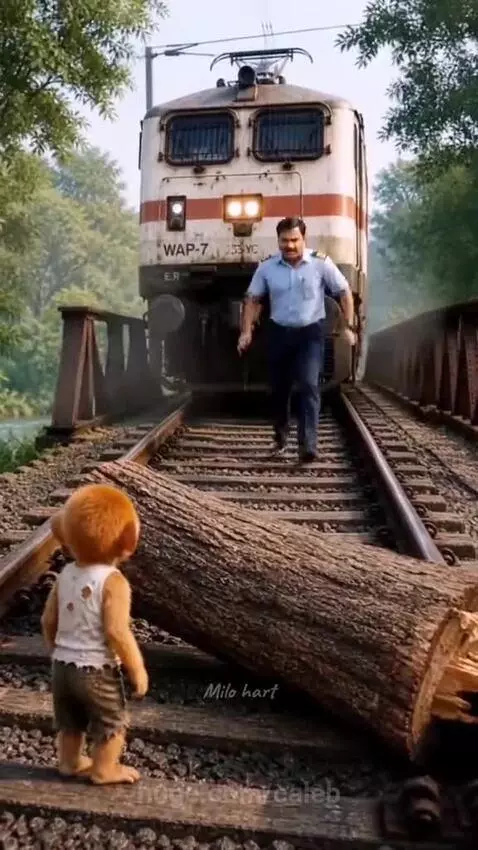 Monkey and train driver working together to move a mother dog and her puppies to safety from train tracks.