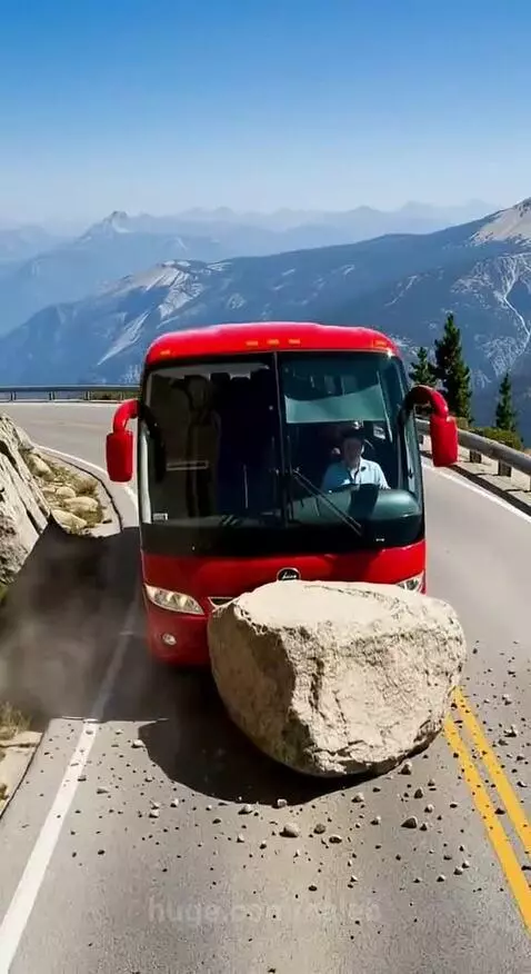 Two dogs, an adult and a puppy, push a large boulder to block a mountain road in front of a red bus.