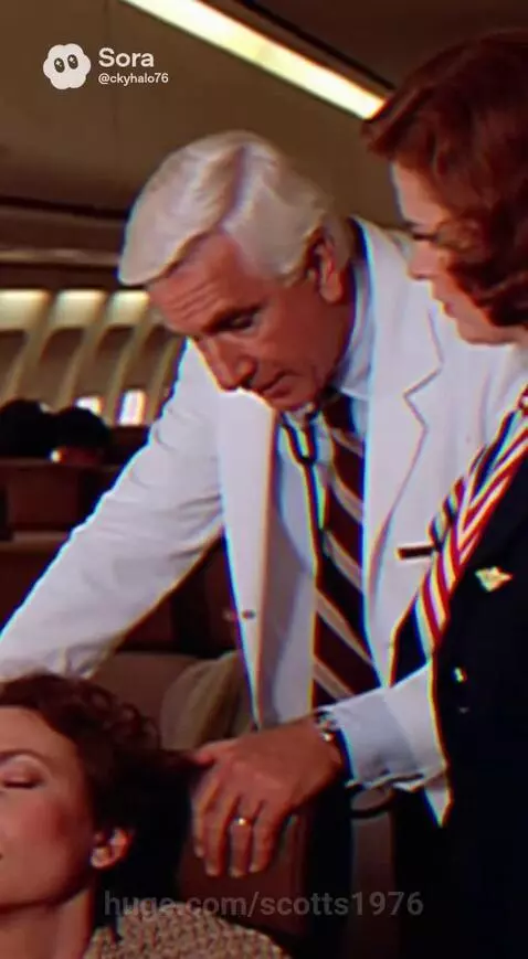 Doctor in a white coat and stethoscope talks to a flight attendant inside an airplane cabin.