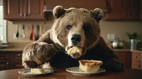A brown bear costume or CGI character sitting at a wooden table, eating a small pie with a fork.