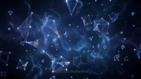 Abstract cosmic scene with translucent geometric crystals floating in swirling blue and purple nebulae.