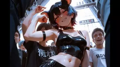 Anime characters with mouse ears smiling, waving, and posing in a crowd, some in strapless tops.