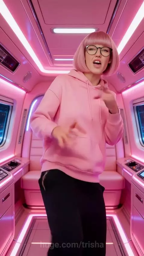 Woman with pink hair and hoodie dancing in a neon pink futuristic room, lip-syncing to music.