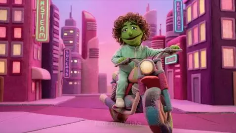 Colorful puppet characters in a futuristic pink world, playing instruments and engaging in adventures.