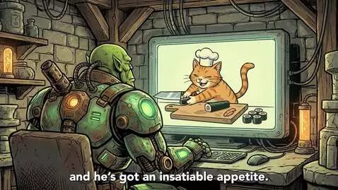 Pink-haired cyborg fighting a large green orc-like cyborg named Orgronix in a castle.