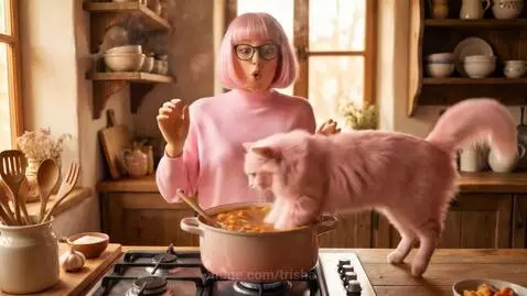 Woman with pink hair laughing as a pink cat plays with a DJ deck.