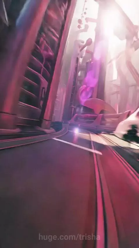 Drone view of a futuristic alien city with pink-lit skyscrapers and winding pathways.