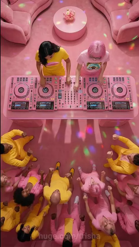 Two female DJs performing on pink Pioneer equipment in a futuristic pink room, surrounded by a crowd dressed in pink and yellow.