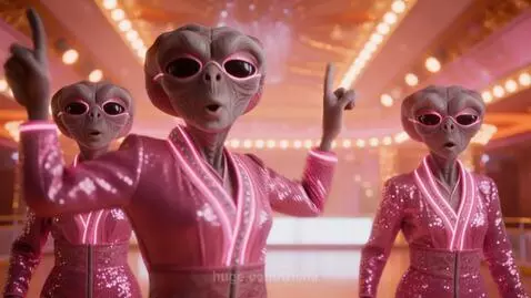 Women and aliens in colorful outfits roller skating and dancing under a disco ball at a vibrant roller rink.