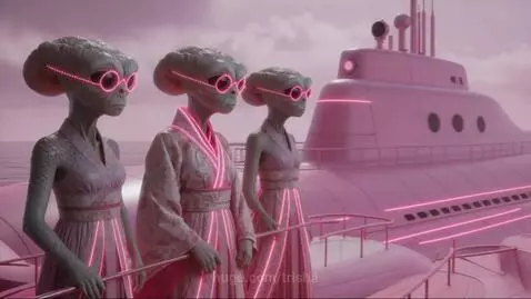 Woman in pink wetsuit swimming in glowing underwater cave with pink fish and coral.