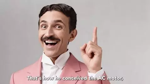 Stylized depiction of Nikola Tesla holding a glowing pink Tesla coil, symbolizing his inventive genius.