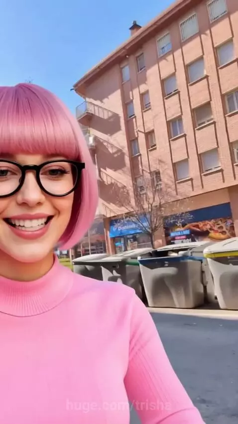 Woman with pink hair and glasses smiling and talking to camera outdoors, with a dog nearby.