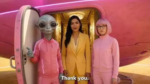 Tonya in a yellow suit on Planet Tonya, greeted by teddy bears with her face on their shirts.