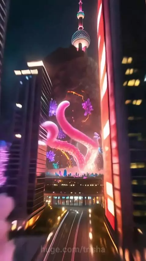 Person in pink camouflage suit falling through smoky environment, then in a futuristic city with a tentacled tower.