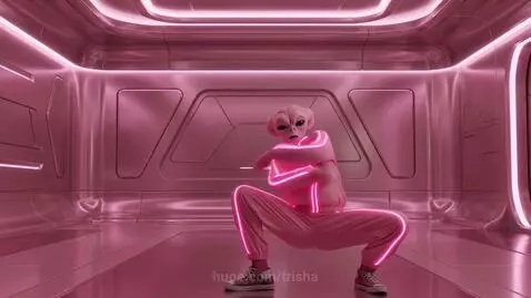 Pink-themed animation with aliens, a dog, and human-like figures dancing in futuristic and Barcelona settings.
