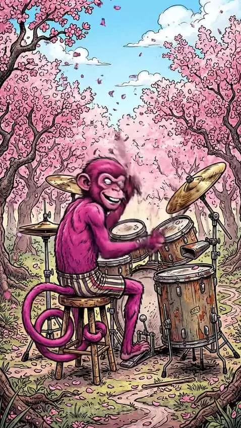 Comic-book style animation showing a pink UFO over a landscape, a pink monkey playing drums, and a glowing pink diamond.
