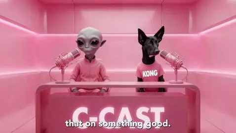 An alien and a dog host a podcast in a pink studio, while two angry humans watch from a pink kitchen/elevator.