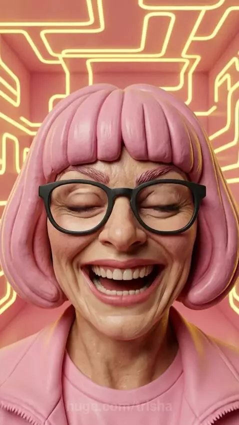 Two women dancing energetically in a futuristic pink room with glowing yellow neon circuit patterns.