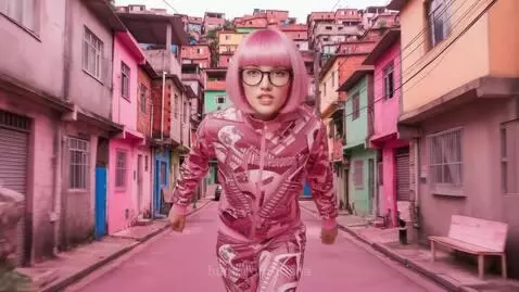 Person in pink tracksuit skateboarding through a surreal pink city with iconic landmarks.
