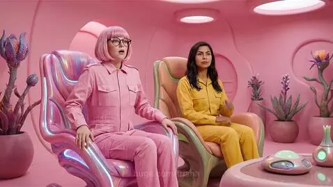 Pink UFO flying towards a moon with a burnt-in chip logo, followed by pink rockets.