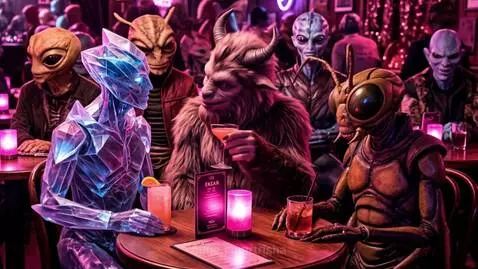 Alien in a pink suit plays guitar on a neon stage with a pink-haired singer.