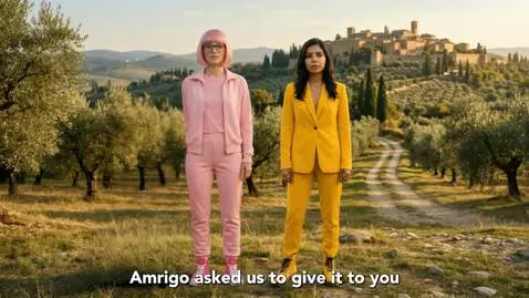 Two women in a futuristic kitchen looking shocked at a pigeon-dominated world map.
