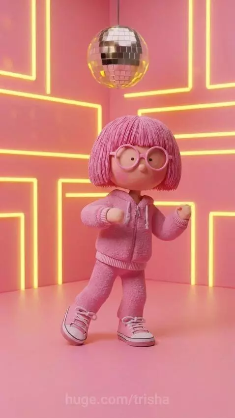Two animated dolls and a dog dancing in a pink room with neon yellow lights and a disco ball.