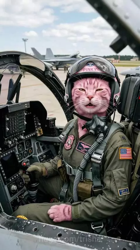 Anthropomorphic pink cats in military uniforms piloting tanks and fighter jets in a war-torn landscape.