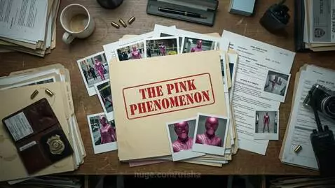 The Pink Phenomenon superhero stands against a pink energy surge over a cityscape at night.