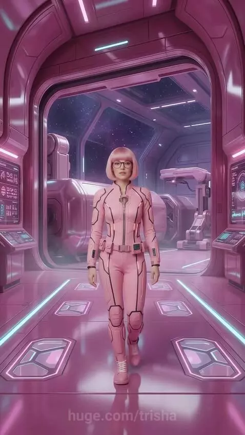 Woman with pink hair in a futuristic pink suit, posing in a pink spaceship with a joystick.