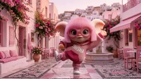 Animated characters dancing and playing music in a picturesque Greek-style village and beach setting.