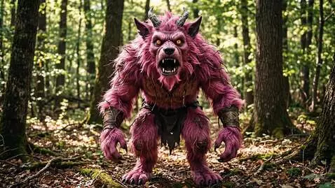 A woman with pink hair and headphones sits with a large, pink, furry monster in a cozy cave home, drinking tea.