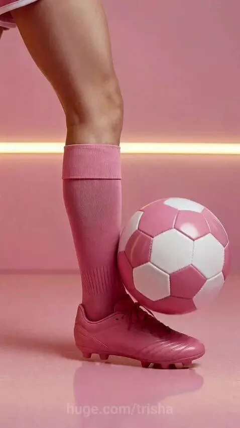 Woman with pink hair and glasses in a pink soccer uniform juggles a pink and white ball in a neon-lit pink room.