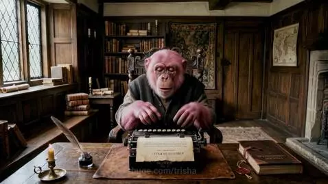 A pink chimpanzee in a waistcoat sits at a desk, typing on a vintage typewriter, discussing a play with a steampunk AI.