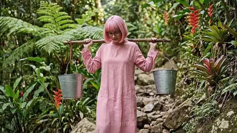 Woman with pink hair carrying leaking buckets in a lush jungle, with a man playing guitar nearby.