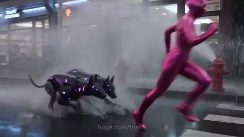 Person in a shiny pink suit running from robotic dogs and a drone during a night city chase.