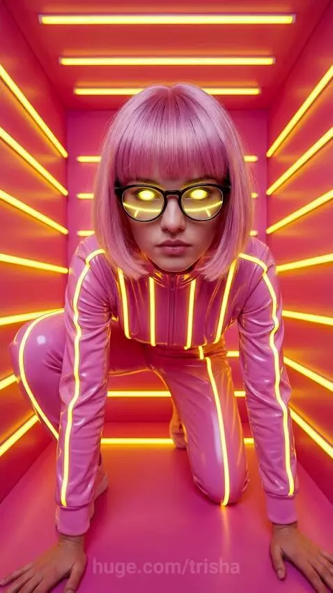 Woman with pink hair in a pink tracksuit with yellow stripes dancing in a neon-lit pink room.