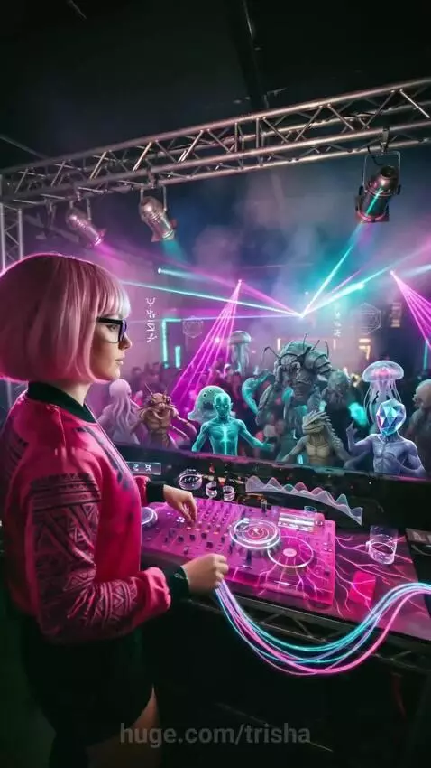 Pink-haired DJ performing at a futuristic alien rave with diverse alien creatures dancing under pink and blue laser lights.